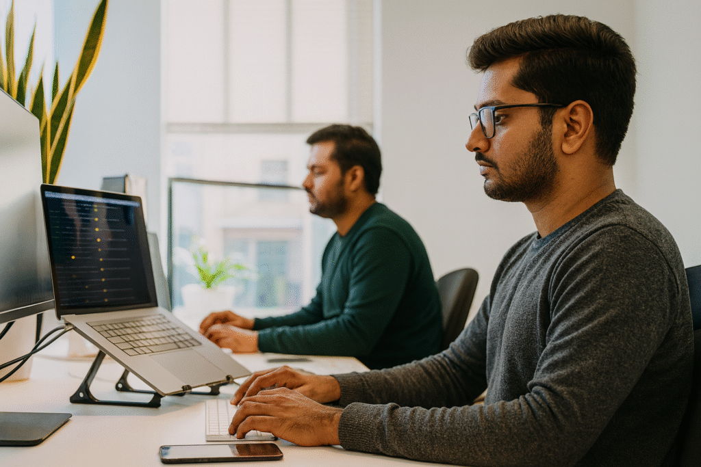 Two people working on SEO marketing plan